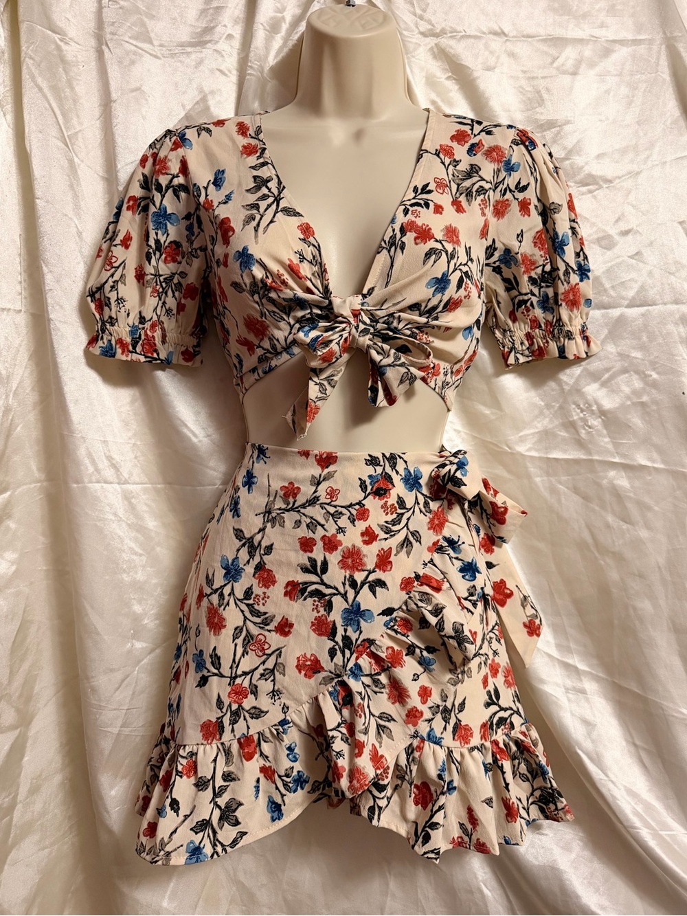 Cream Floral Tie-Front Crop Top & Wrap Skirt Set